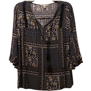 Vintage Boho Peasant Blouse M Bell Sleeves navy and white CEst 1946 EUC